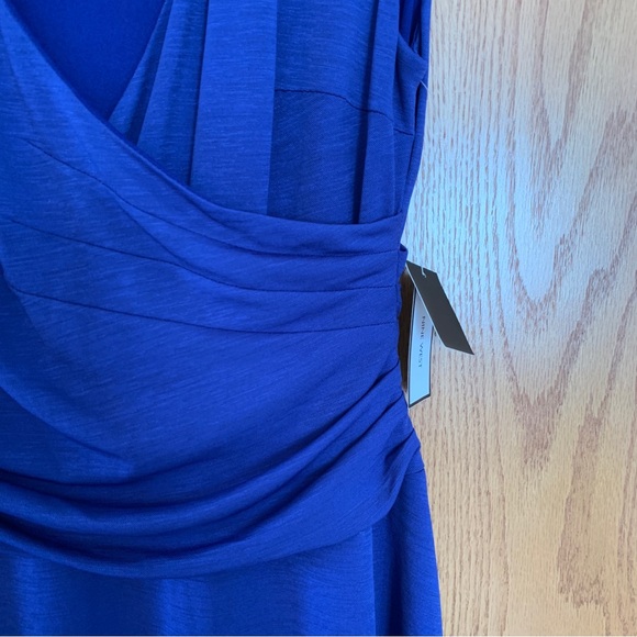 Wrap Dress Fit Flare Bright Blue Size 4 Small Knee Length Short Sleeve V Neck - Picture 7 of 12
